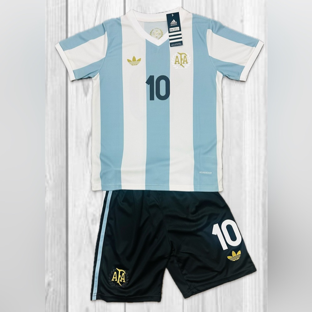 Youth Messi Soccer Jersey Argentina 50th Anniversary Kit Jersey + Shorts (LARGE)
